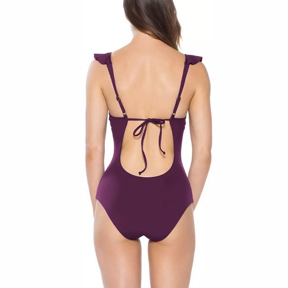 Becca socialite plunging ruffle one piece Merlot - Picture 2 of 5